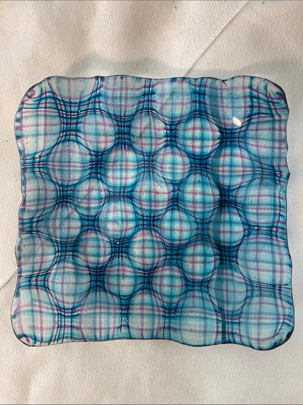 Fused Glass Vintage Decorative Glass Platter in Teal and Purple Plaid